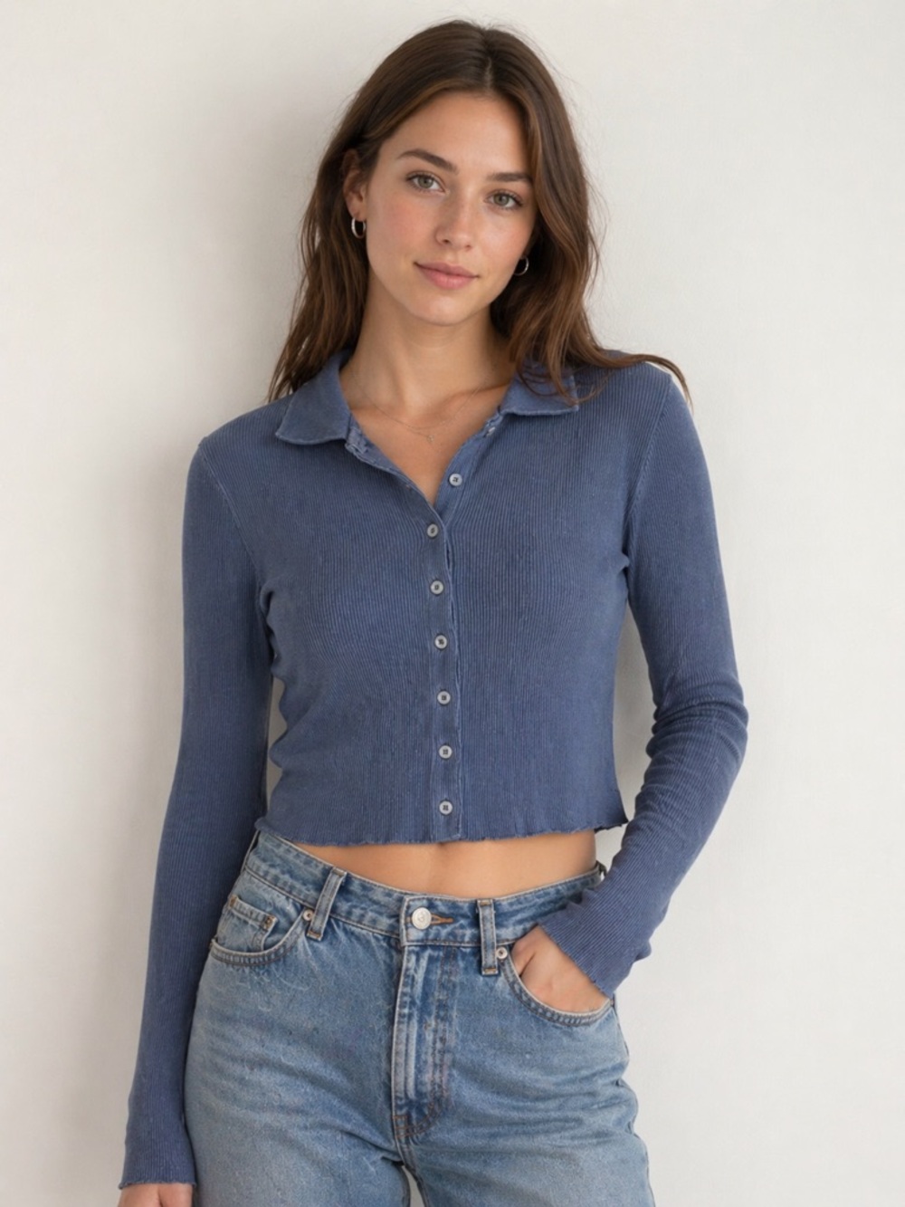 Brandy Melville Caroline Button Fly Ribbed Long Sleeve Vintage Blue‎ Crop Top
